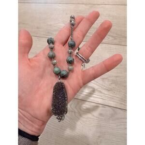 Necklace Handmade in California With African Beads and Amethyst Geode